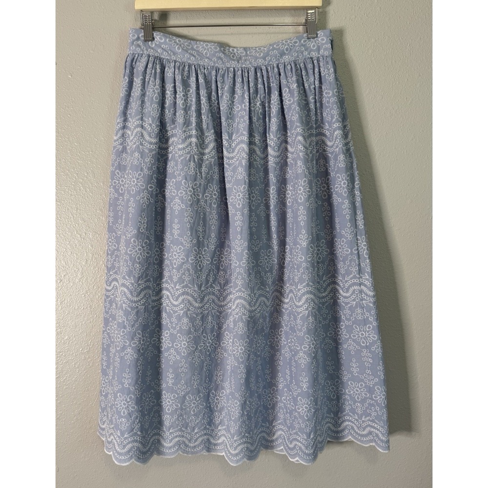 LOFT NWT Blue Embroidered Eyelet Cotton Midi Skirt Size 10 Cottagecore Boho
